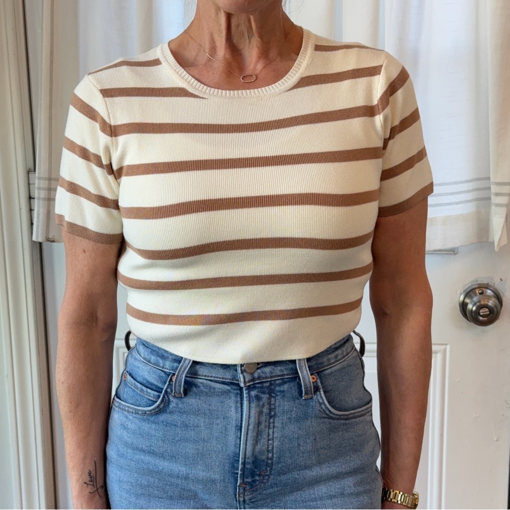 Le Lis Cream and Brown Striped Short Sleeve Top
